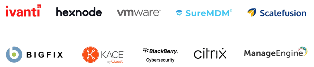 Supported Mobile Device Management platforms including Ivanti, Hexnode, VMware Workspace ONE, SureMDM, Scalefusion, BigFix, KACE, BlackBerry, Citrix, and ManageEngine